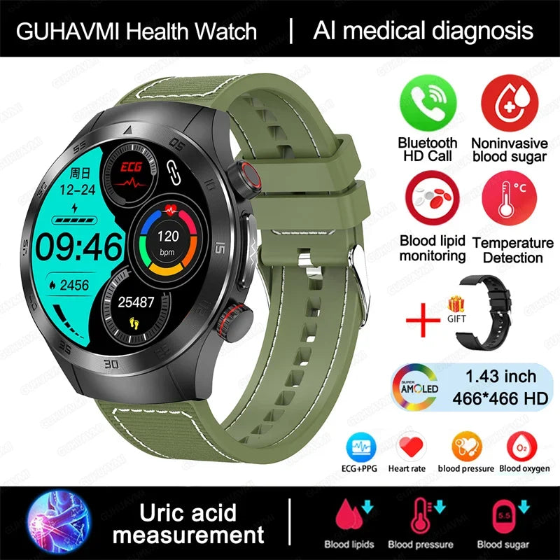 Montre intelligente de sport de santé, professionnelle, luxe, mesure sucre dans le sang, lipides, acide urique, pression artérielle, appel BT, montre intelligente, haute qualité