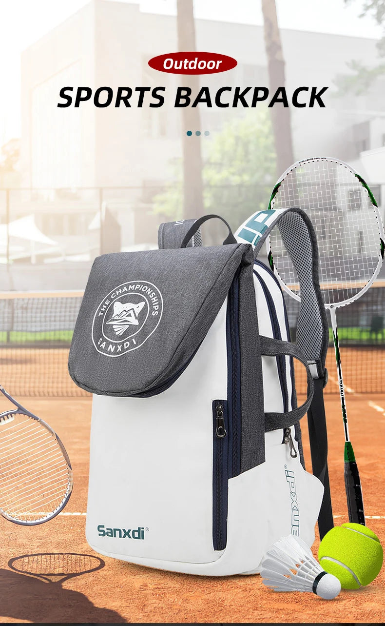 Large capacity squash and badminton racket backpack with free delivery, shown with sports gear on a tennis court.