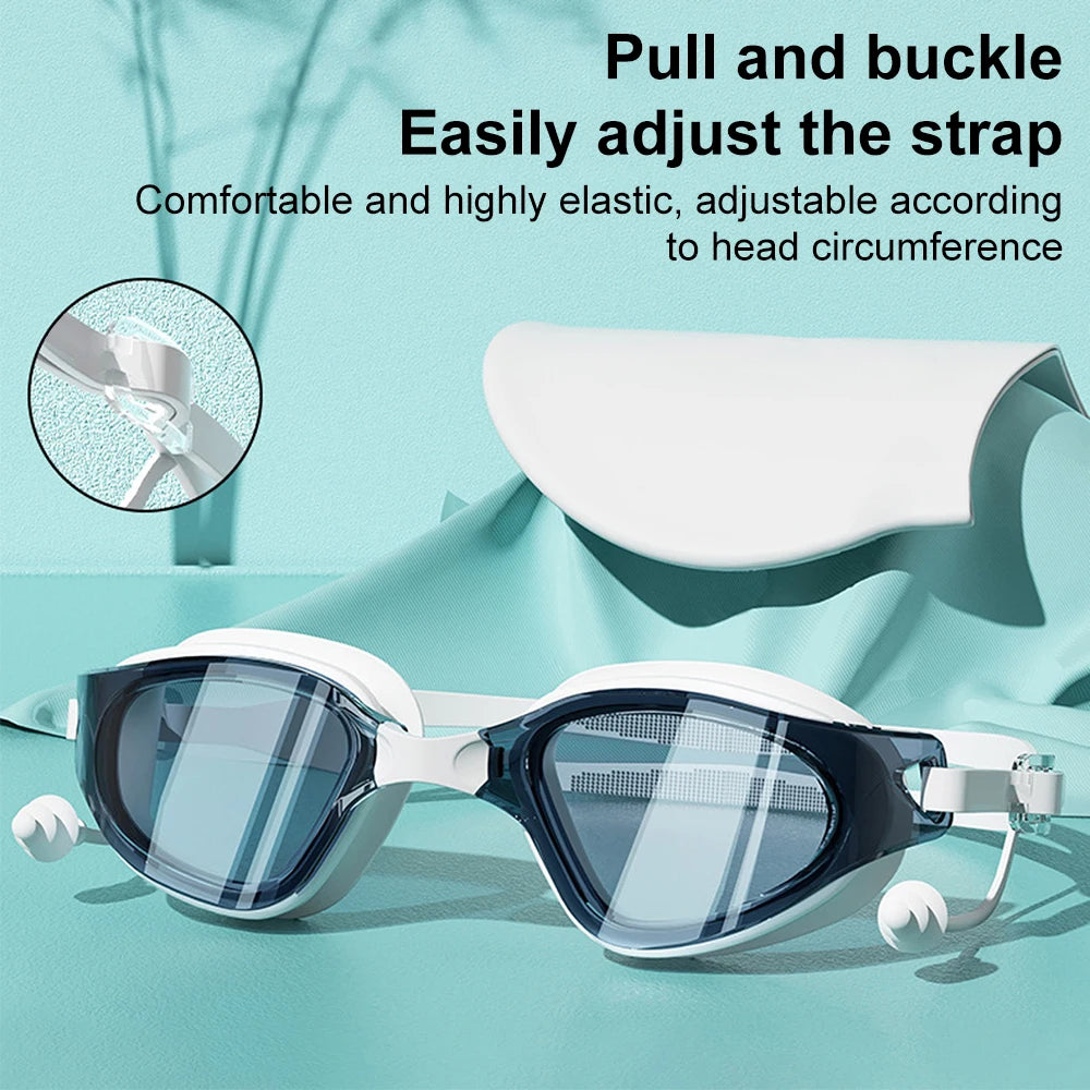 Lunettes de natation HD anti-buée pour adultes, ensemble étanche en silicone, avec bouchons d'oreille, anti-UV