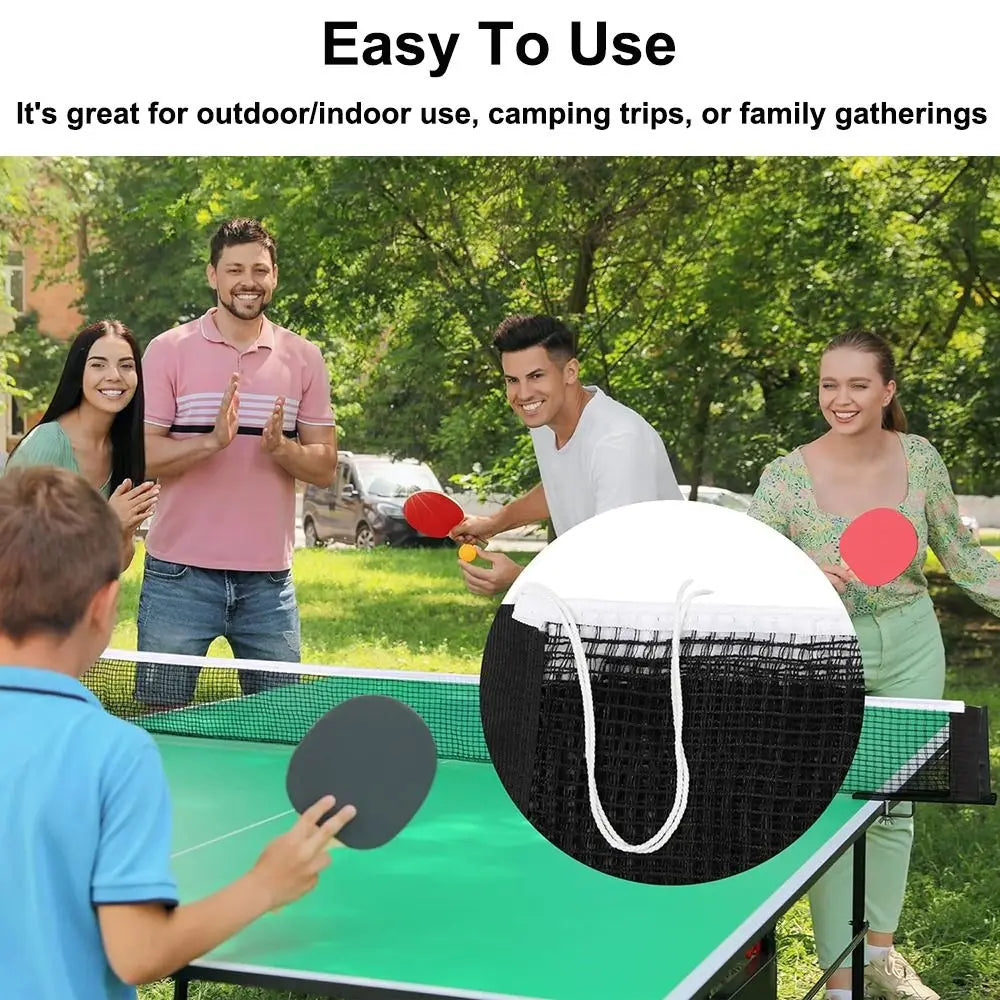 People playing table tennis outdoors with a portable retractable polyester net, enjoying a fun family gathering.