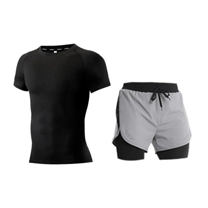 Ensemble de Fitness moulant pour hommes, survêtement à manches courtes à séchage rapide, faux Short de deux pièces, vêtements de gymnastique respirants