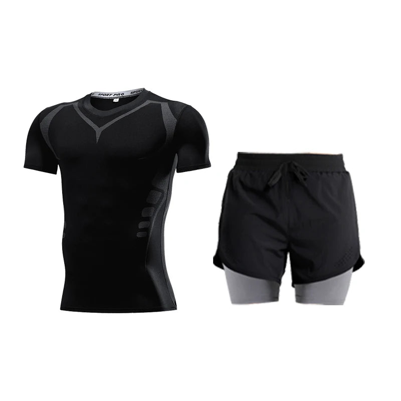 Ensemble de Fitness moulant pour hommes, survêtement à manches courtes à séchage rapide, faux Short de deux pièces, vêtements de gymnastique respirants