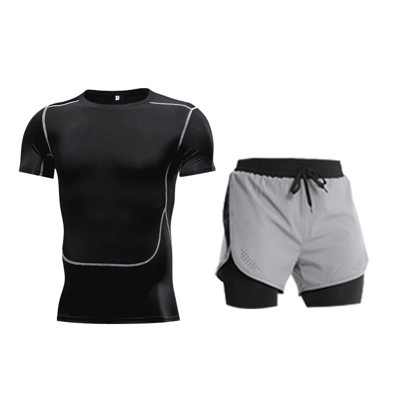 Ensemble de Fitness moulant pour hommes, survêtement à manches courtes à séchage rapide, faux Short de deux pièces, vêtements de gymnastique respirants