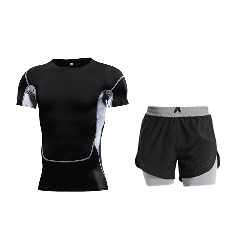 Ensemble de Fitness moulant pour hommes, survêtement à manches courtes à séchage rapide, faux Short de deux pièces, vêtements de gymnastique respirants