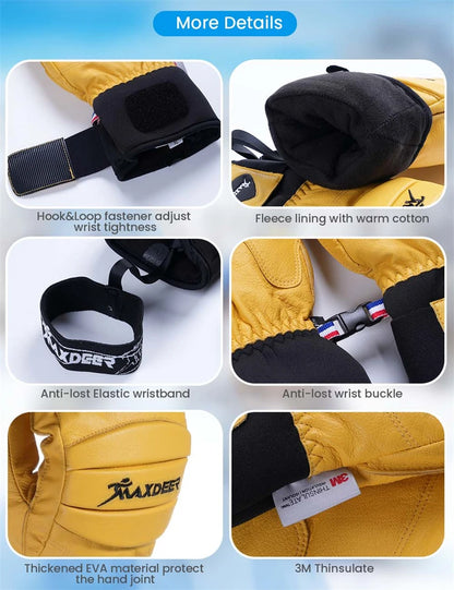 Gants d'hiver imperméables en cuir pour ski, motoneige, cyclisme, neige