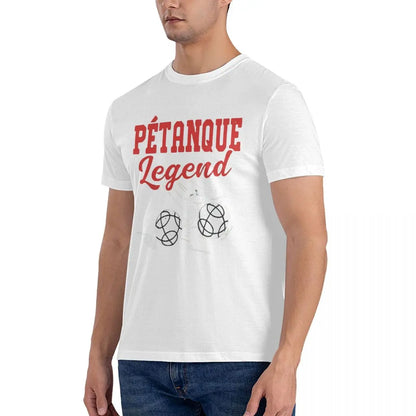 Unisex white t-shirt with "Pétanque Legend" print, modeled by a man.