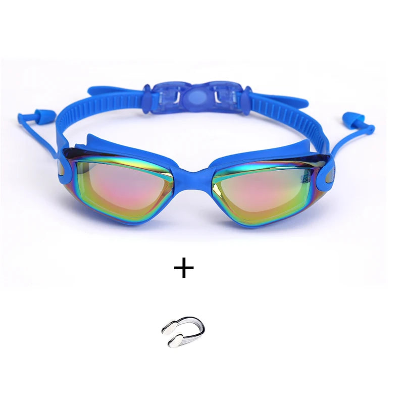 Lunettes de natation professionnelles antibuée pour adultes, design, avec bouchons d'oreilles, pince-nez, galvanoplastie, en Silicone