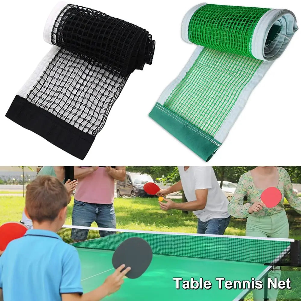 Portable retractable polyester table tennis net, black and green, with people playing ping pong outdoors