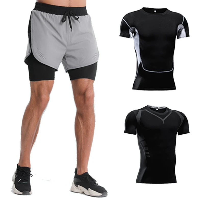 Ensemble de Fitness moulant pour hommes, survêtement à manches courtes à séchage rapide, faux Short de deux pièces, vêtements de gymnastique respirants