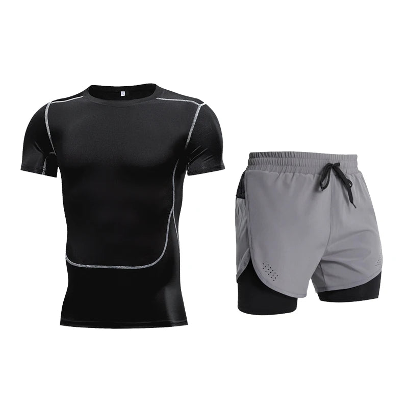 Ensemble de Fitness moulant pour hommes, survêtement à manches courtes à séchage rapide, faux Short de deux pièces, vêtements de gymnastique respirants