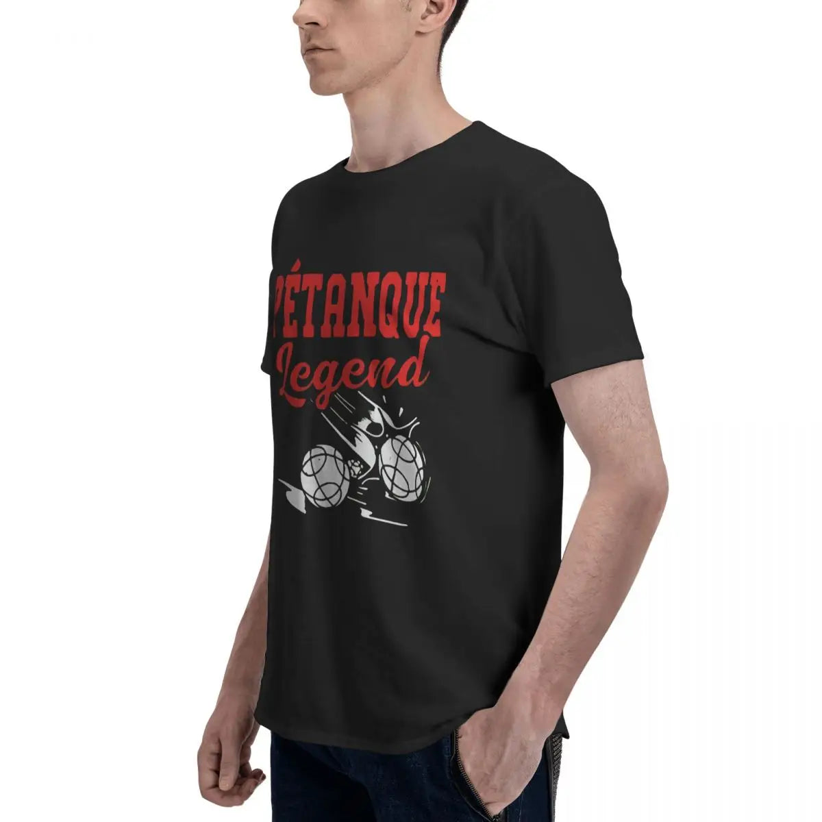 Man wearing black T-shirt with "Pétanque Legend" graphic design in red and white text with boules illustration.