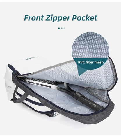 Squash and badminton racket backpack with front zipper pocket and PVC fiber mesh for excellent quality and large capacity.