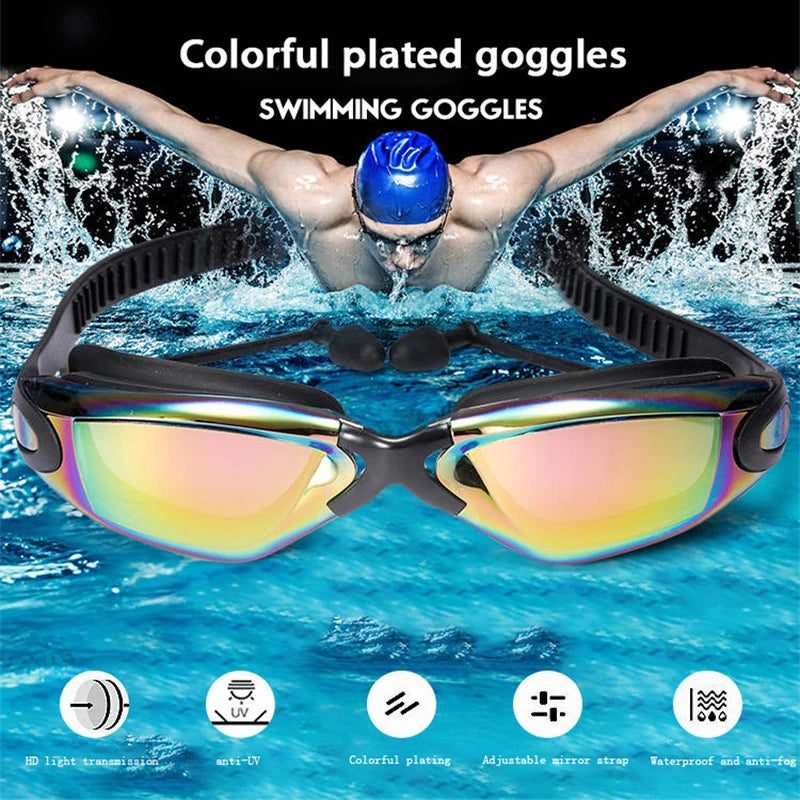 Lunettes de natation professionnelles antibuée pour adultes, design, avec bouchons d'oreilles, pince-nez, galvanoplastie, en Silicone