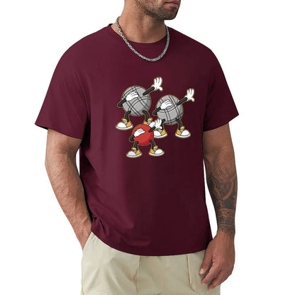 Man wearing maroon T-shirt nouvelle édition with cartoon pétanque balls print, beige shorts, and a chain necklace