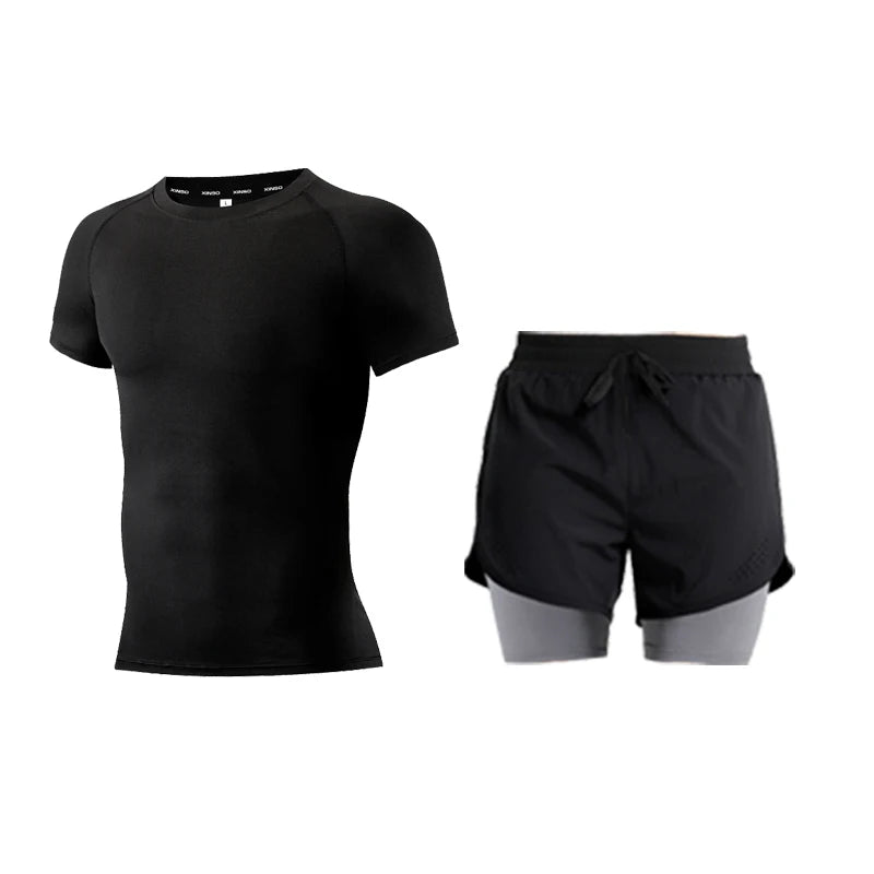 Ensemble de Fitness moulant pour hommes, survêtement à manches courtes à séchage rapide, faux Short de deux pièces, vêtements de gymnastique respirants