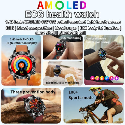 Montre intelligente de sport professionnelle, luxe, mesure sucre dans le sang, lipides, acide urique, pression artérielle, appel BT, montre intelligente, appel bluetooth, haute qualité