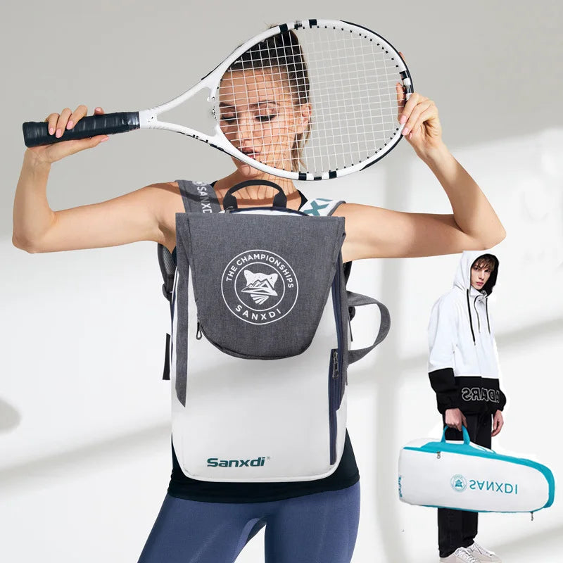 Squash and badminton racket backpack with large capacity, excellent quality, free delivery, woman holding racket.