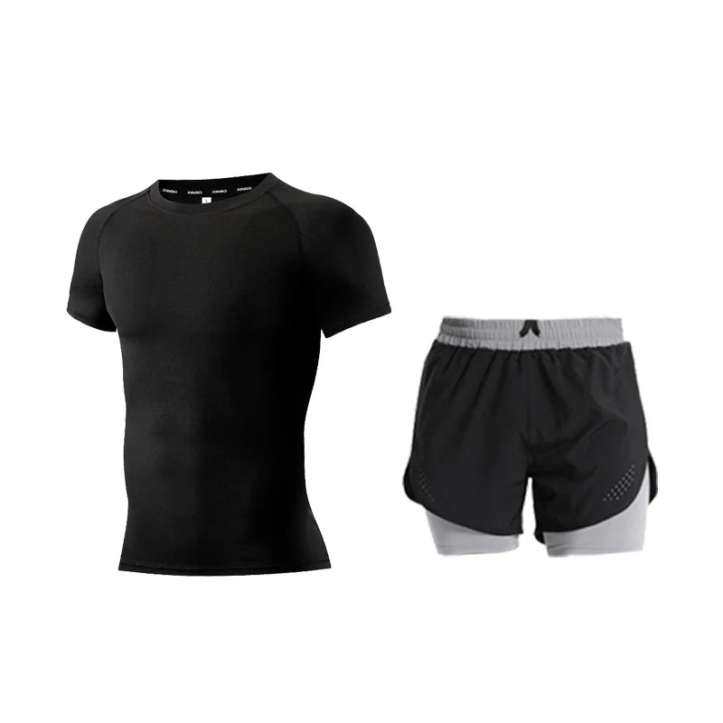 Ensemble de Fitness moulant pour hommes, survêtement à manches courtes à séchage rapide, faux Short de deux pièces, vêtements de gymnastique respirants