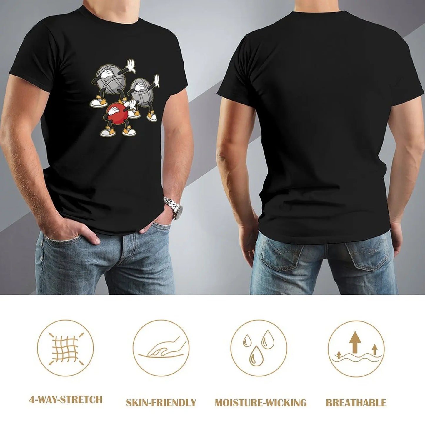 Black T-Shirt nouvelle édition with pétanque balls design, showcasing front and back views, breathable, moisture-wicking, skin-friendly, 4-way stretch.