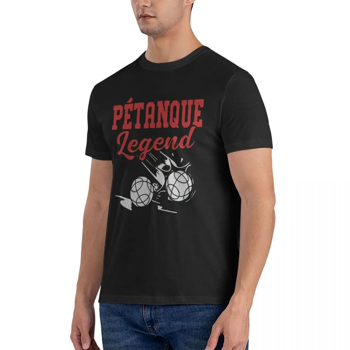 T-shirt imprimé Pétanque Legend pour homme en noir, portant un motif de pétanque.