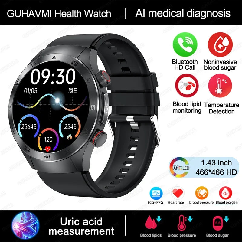 Montre intelligente de sport de santé, professionnelle, luxe, mesure sucre dans le sang, lipides, acide urique, pression artérielle, appel BT, montre intelligente, haute qualité