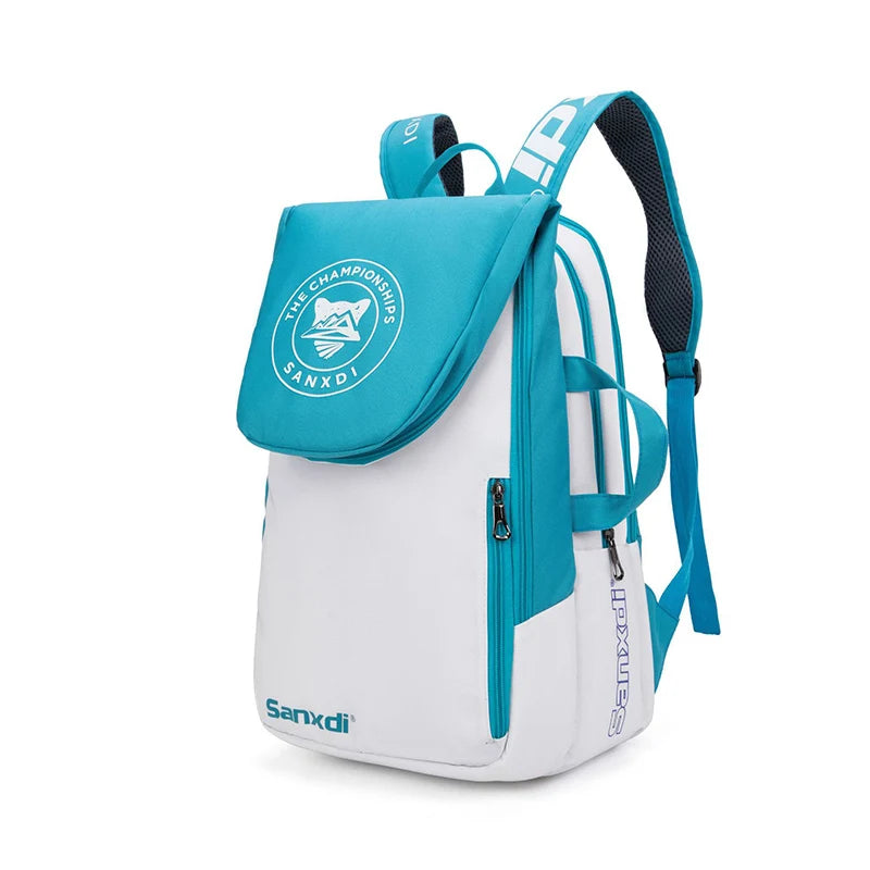 Sac à dos de raquette de squash et de badminton de grande capacité, couleur blanc et turquoise, avec bretelles rembourrées pour confort.