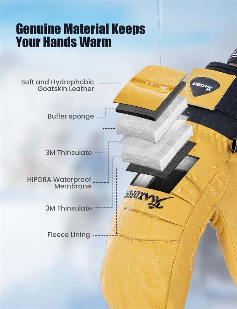 Gants d'hiver imperméables en cuir pour ski, motoneige, cyclisme, neige