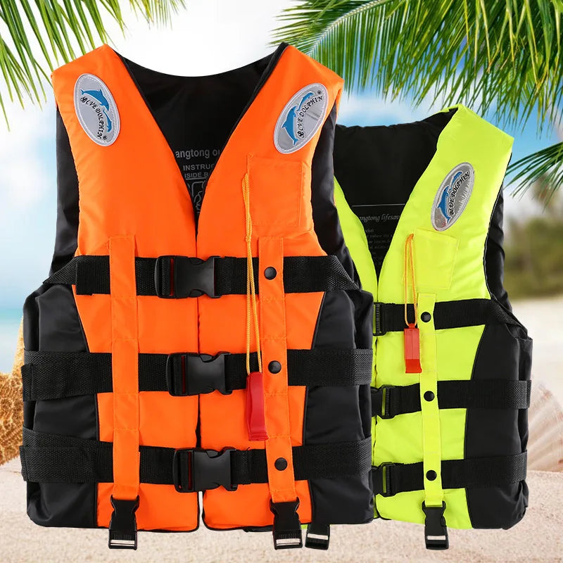 Gilet de sauvetage en polyester trempé pour adultes et enfants, veste de survie à flottabilité réglable avec sifflet