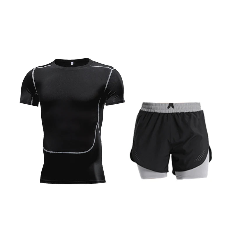 Ensemble de Fitness moulant pour hommes, survêtement à manches courtes à séchage rapide, faux Short de deux pièces, vêtements de gymnastique respirants