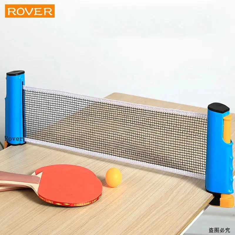 Portable and retractable table tennis net with paddle and ball on table.