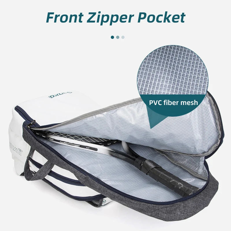 Sac à dos de raquette de squash et de badminton avec poche avant zippée et maille en fibre de PVC, grande capacité.