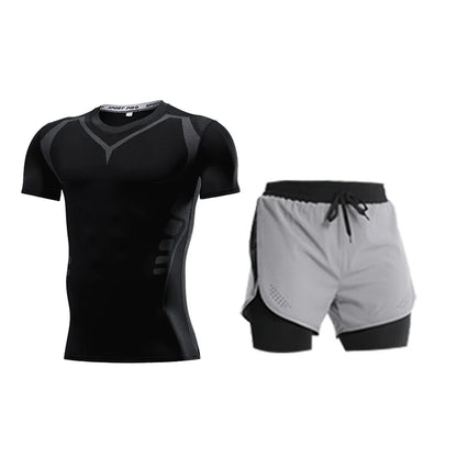 Ensemble de Fitness moulant pour hommes, survêtement à manches courtes à séchage rapide, faux Short de deux pièces, vêtements de gymnastique respirants