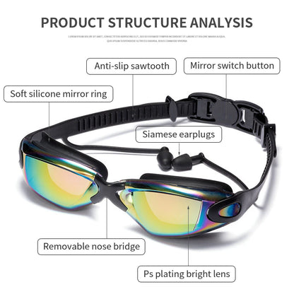 Lunettes de natation professionnelles antibuée pour adultes, design, avec bouchons d'oreilles, pince-nez, galvanoplastie, en Silicone