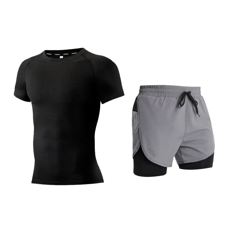 Ensemble de Fitness moulant pour hommes, survêtement à manches courtes à séchage rapide, faux Short de deux pièces, vêtements de gymnastique respirants