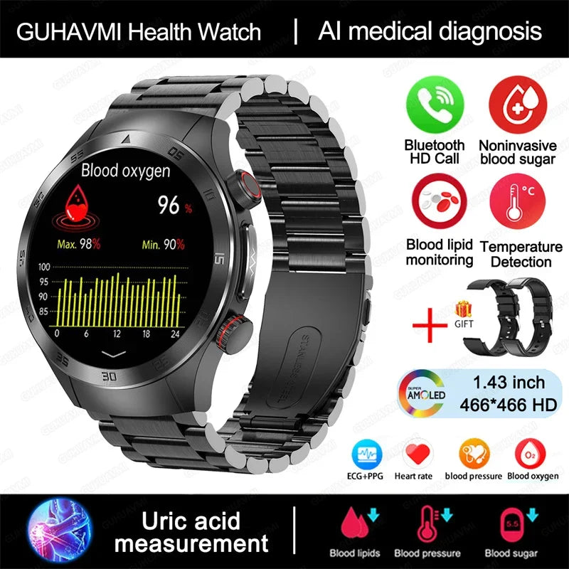 Montre intelligente de sport de santé, professionnelle, luxe, mesure sucre dans le sang, lipides, acide urique, pression artérielle, appel BT, montre intelligente, haute qualité