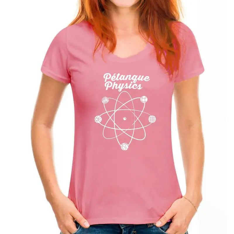 Woman wearing pink pétanque physics printed t-shirt for men and women