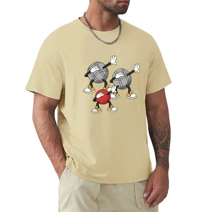 Men's beige T-shirt nouvelle édition with cartoon pétanque balls design, excellent quality, good value, free delivery.