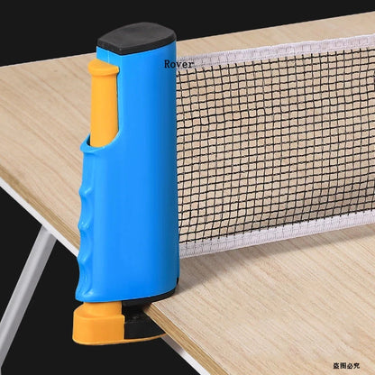 Portable and retractable table tennis net attached to a wooden table