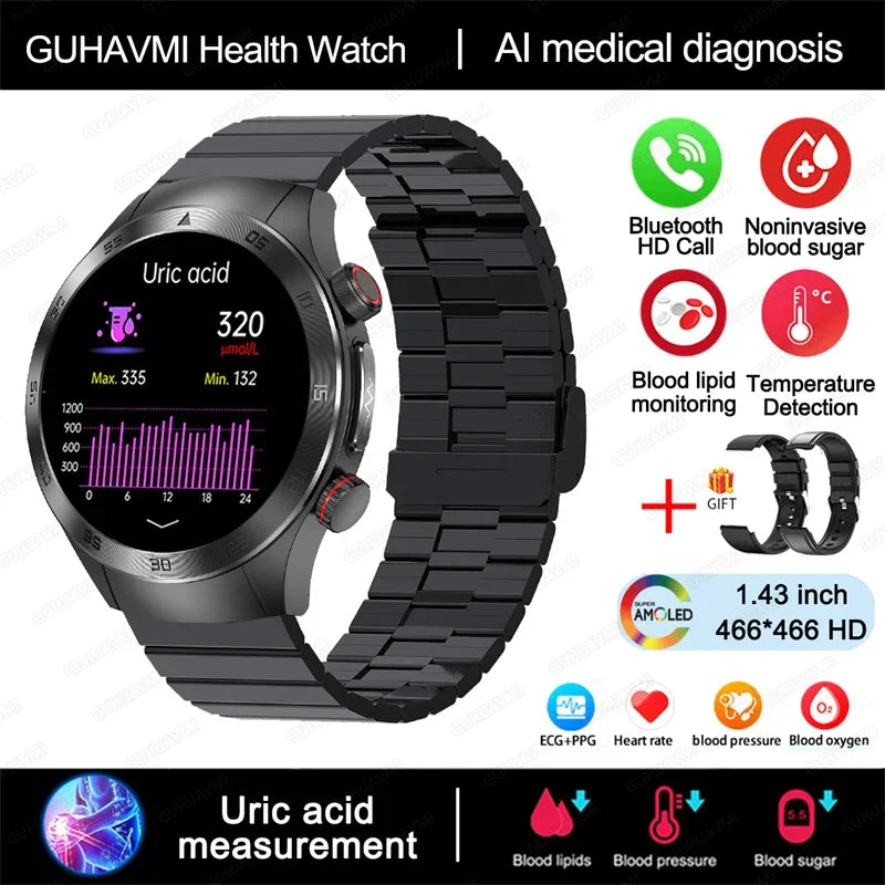 Montre intelligente de sport de santé, professionnelle, luxe, mesure sucre dans le sang, lipides, acide urique, pression artérielle, appel BT, montre intelligente, haute qualité