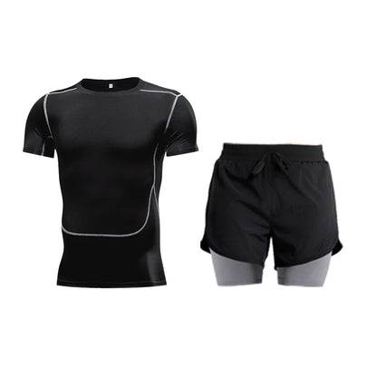 Ensemble de Fitness moulant pour hommes, survêtement à manches courtes à séchage rapide, faux Short de deux pièces, vêtements de gymnastique respirants