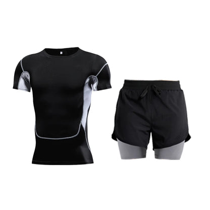 Ensemble de Fitness moulant pour hommes, survêtement à manches courtes à séchage rapide, faux Short de deux pièces, vêtements de gymnastique respirants