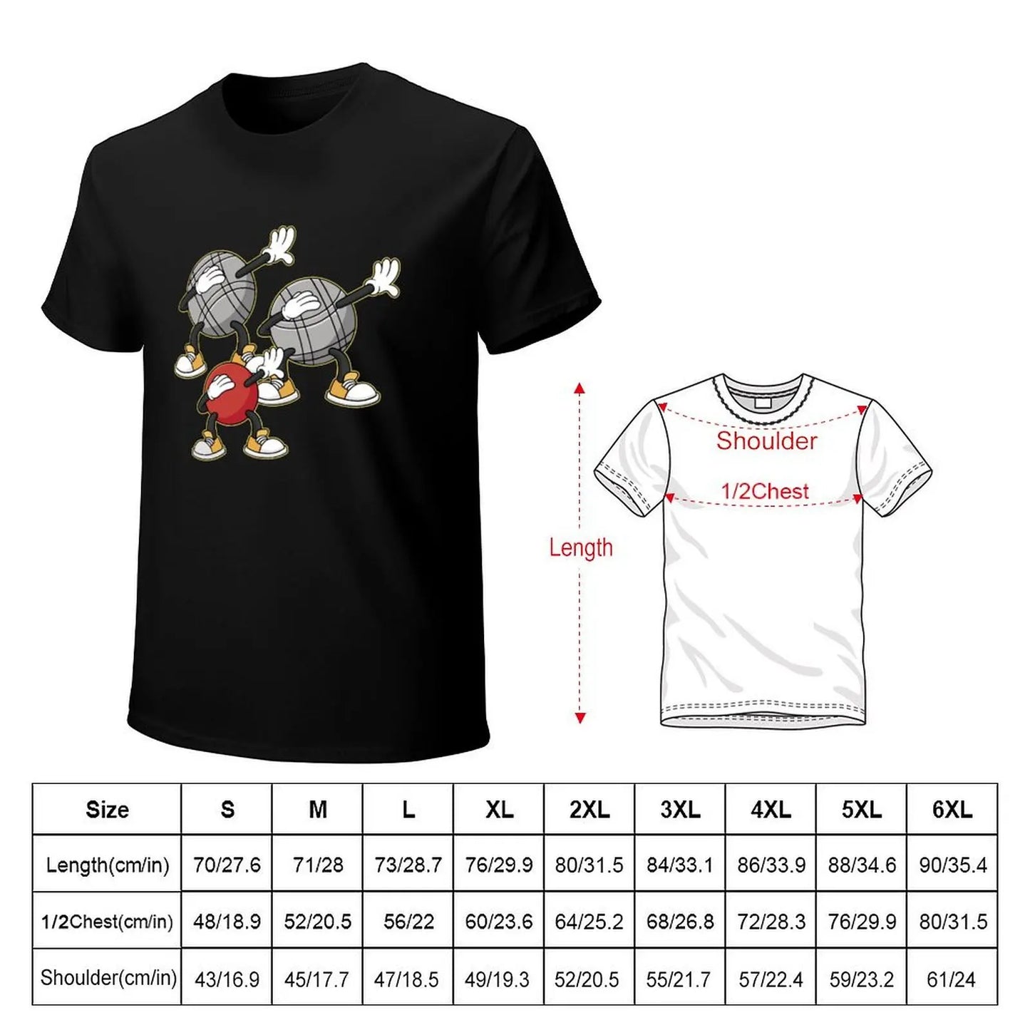 T-Shirt nouvelle édition avec illustration de balles de pétanque, tableau des tailles de S à 6XL en centimètres.