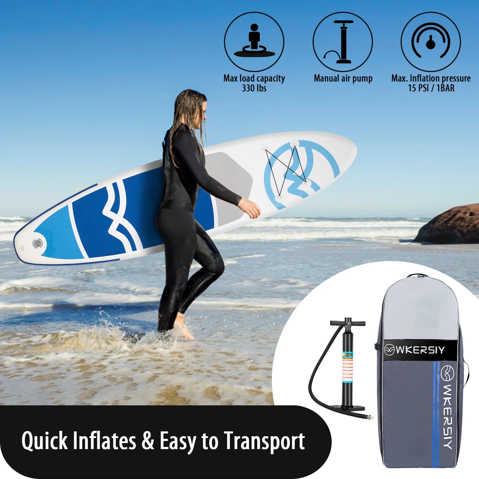 Planche de surf avec accessoire Sup, sac de transport, pagaie, longboard, wakeboard, charge de 180kg