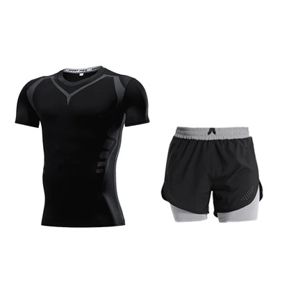 Ensemble de Fitness moulant pour hommes, survêtement à manches courtes à séchage rapide, faux Short de deux pièces, vêtements de gymnastique respirants