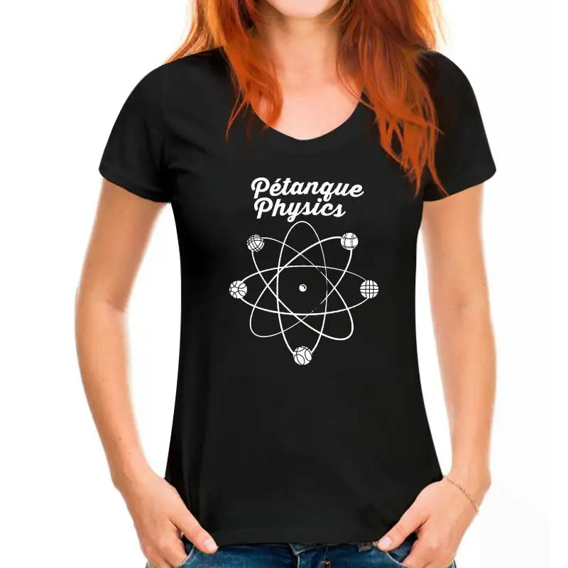 Woman wearing black pétanque physics printed T-shirt for men and women